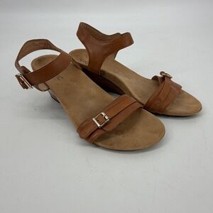 Vionic Laurie Wedge Sandals Women's Tan Leather Ankle Strap Buckle Size 8